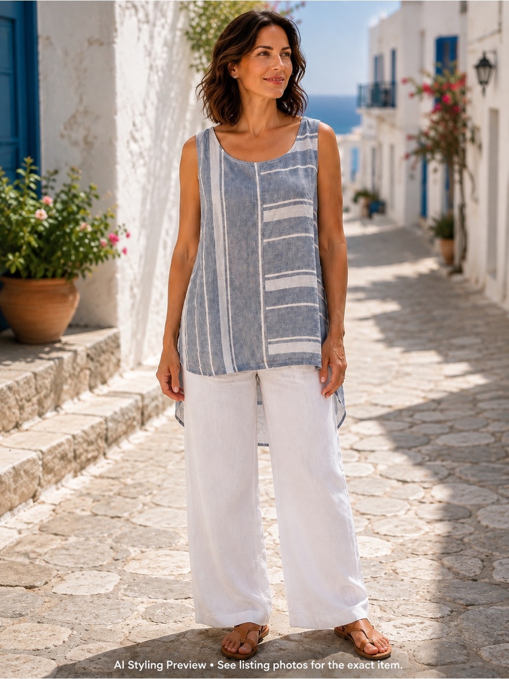 ELLEN TRACY L blue/white geometric patterned sleeveless high-Low 100% linen tank